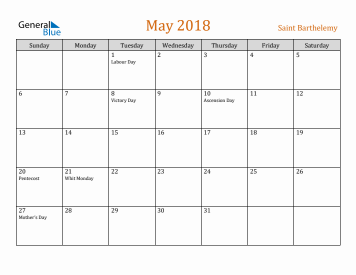 May 2018 Holiday Calendar with Sunday Start