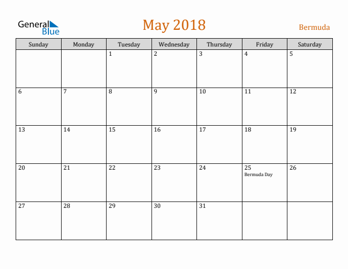 May 2018 Holiday Calendar with Sunday Start