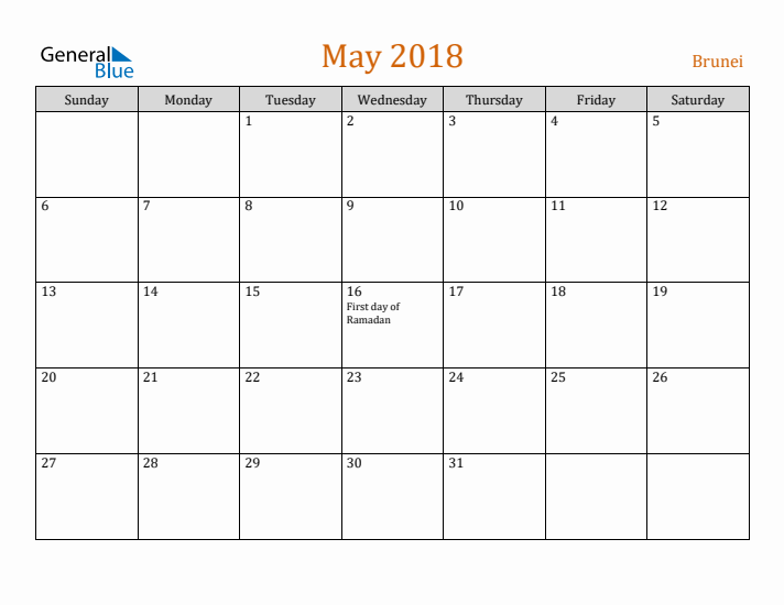 May 2018 Holiday Calendar with Sunday Start