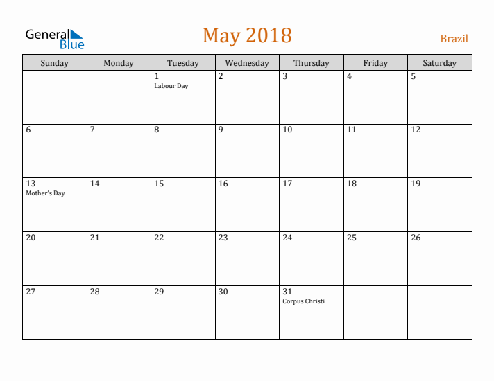 May 2018 Holiday Calendar with Sunday Start