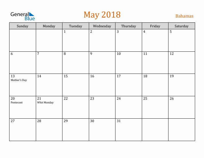 May 2018 Holiday Calendar with Sunday Start