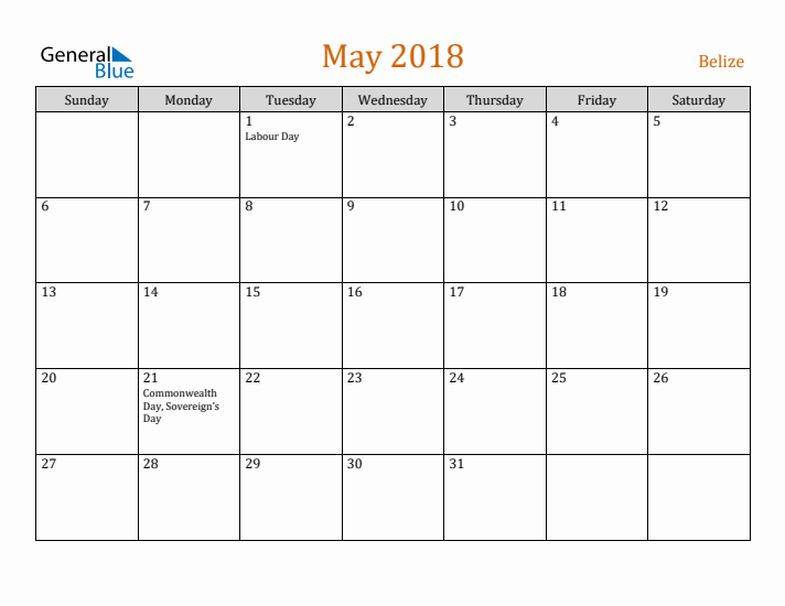 May 2018 Holiday Calendar with Sunday Start