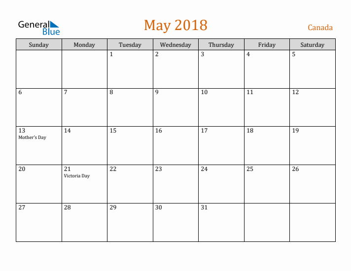 May 2018 Holiday Calendar with Sunday Start