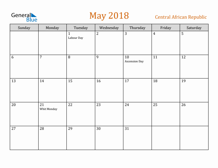 May 2018 Holiday Calendar with Sunday Start