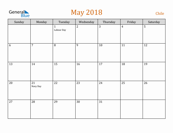 May 2018 Holiday Calendar with Sunday Start