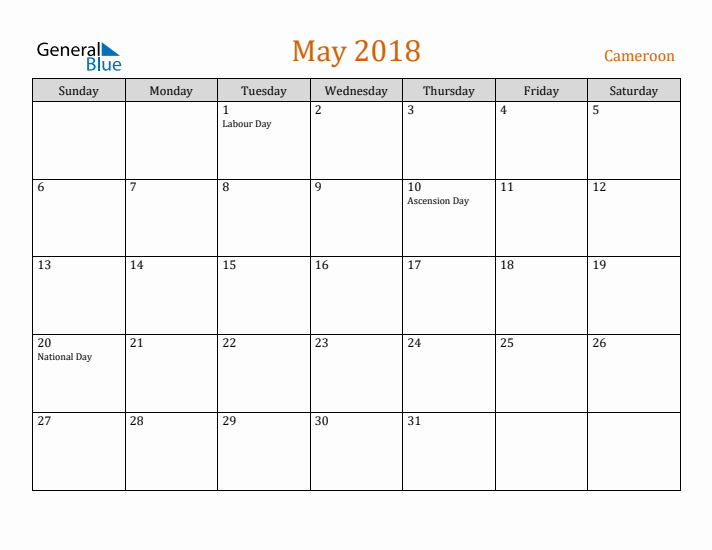 May 2018 Holiday Calendar with Sunday Start