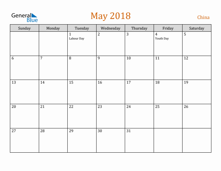 May 2018 Holiday Calendar with Sunday Start