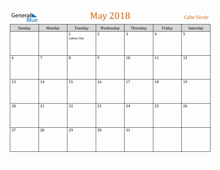 May 2018 Holiday Calendar with Sunday Start