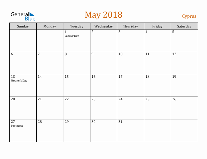 May 2018 Holiday Calendar with Sunday Start