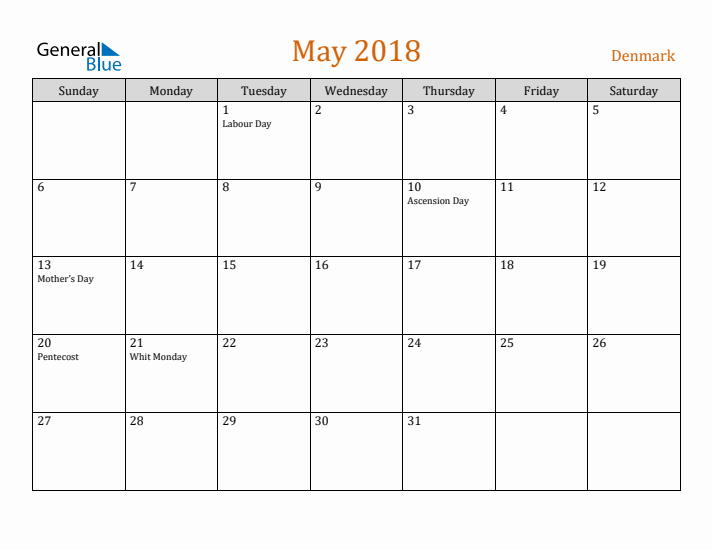 May 2018 Holiday Calendar with Sunday Start