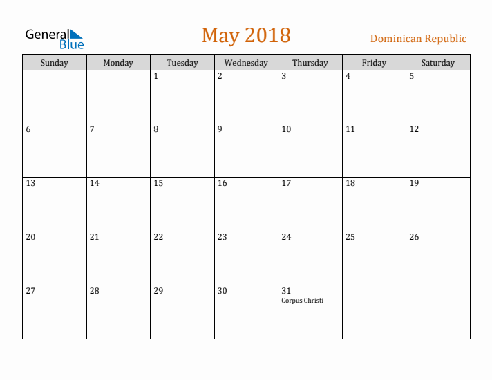 May 2018 Holiday Calendar with Sunday Start