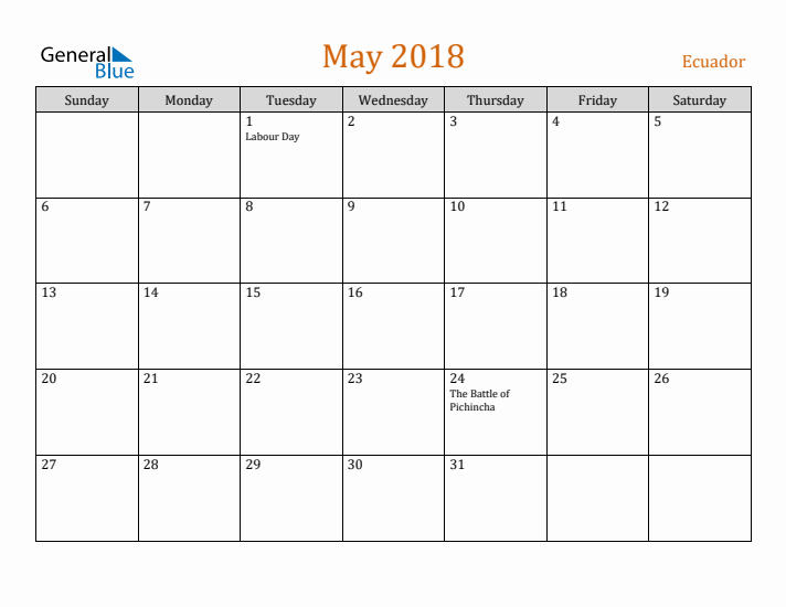 May 2018 Holiday Calendar with Sunday Start