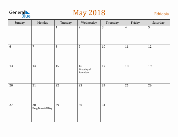 May 2018 Holiday Calendar with Sunday Start