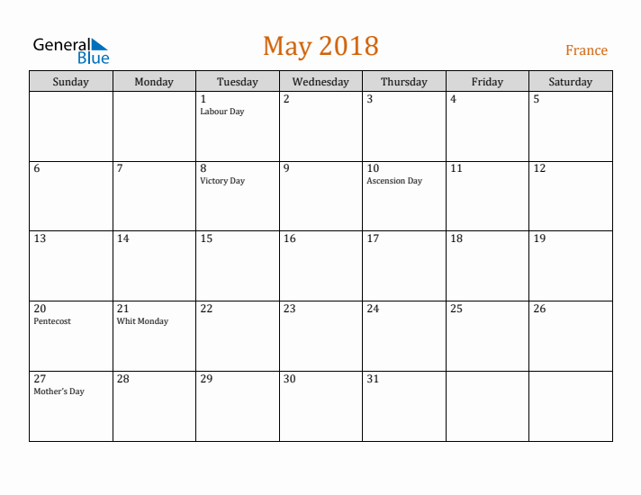 May 2018 Holiday Calendar with Sunday Start