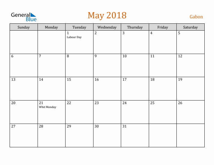 May 2018 Holiday Calendar with Sunday Start