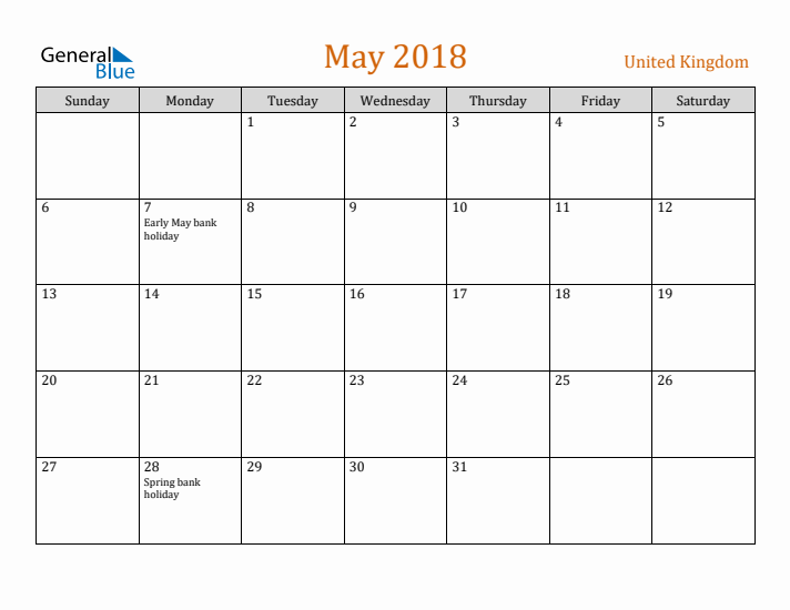 May 2018 Holiday Calendar with Sunday Start