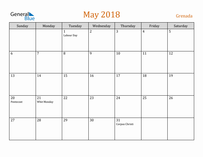 May 2018 Holiday Calendar with Sunday Start