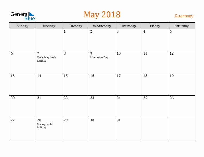 May 2018 Holiday Calendar with Sunday Start