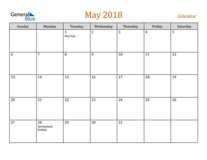 May 2018 Holiday Calendar with Sunday Start