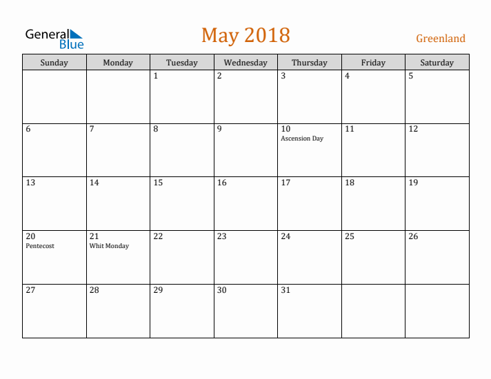 May 2018 Holiday Calendar with Sunday Start