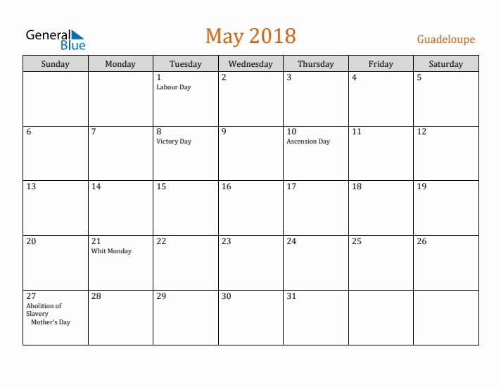 May 2018 Holiday Calendar with Sunday Start