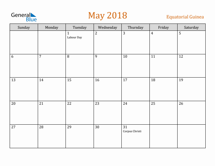 May 2018 Holiday Calendar with Sunday Start