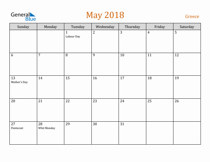 May 2018 Holiday Calendar with Sunday Start