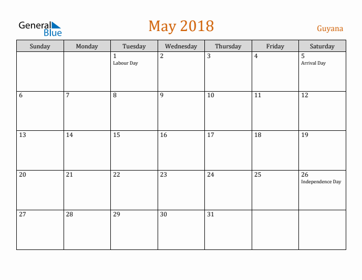 May 2018 Holiday Calendar with Sunday Start