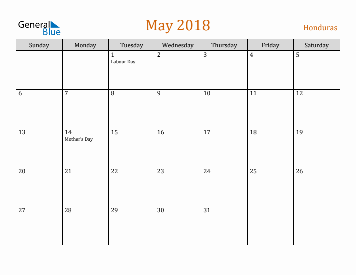 May 2018 Holiday Calendar with Sunday Start