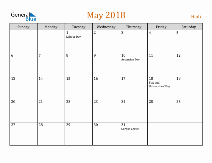 May 2018 Holiday Calendar with Sunday Start