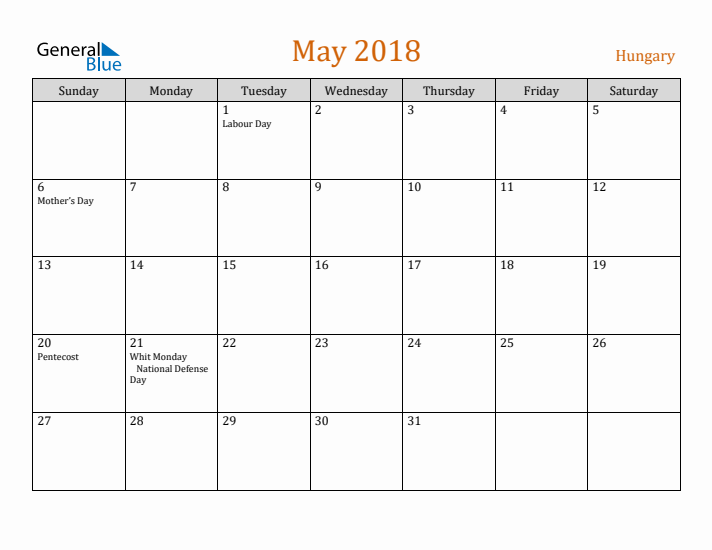 May 2018 Holiday Calendar with Sunday Start