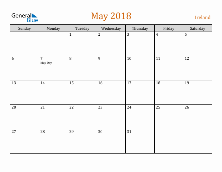 May 2018 Holiday Calendar with Sunday Start