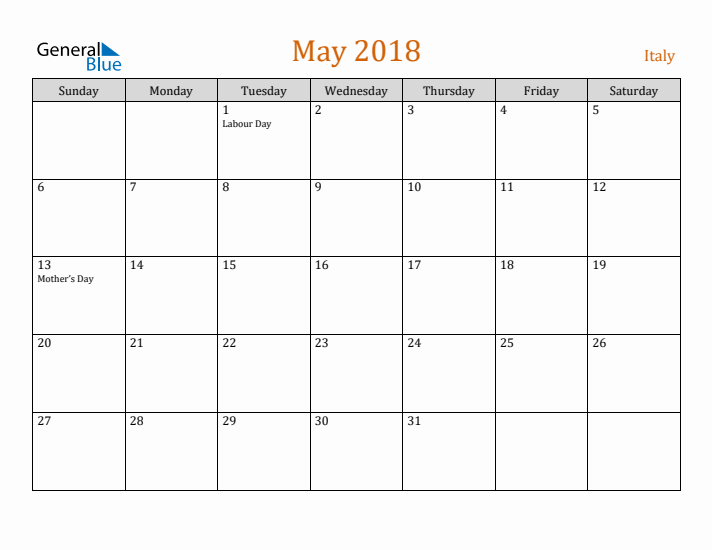 May 2018 Holiday Calendar with Sunday Start