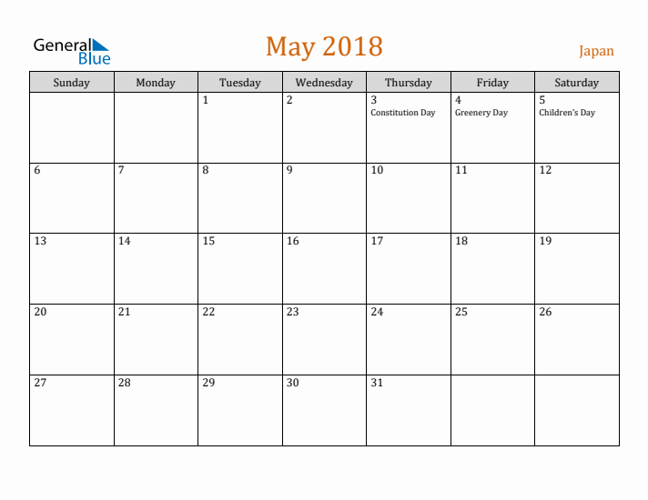 May 2018 Holiday Calendar with Sunday Start