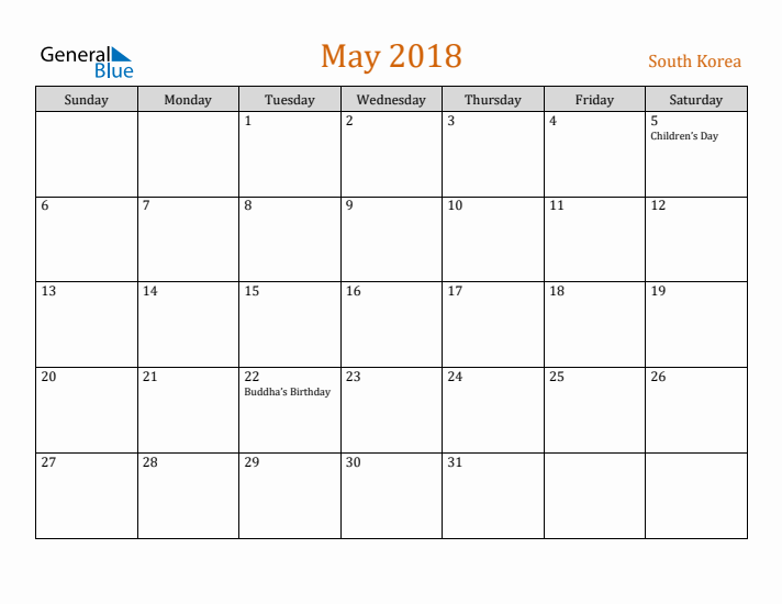 May 2018 Holiday Calendar with Sunday Start