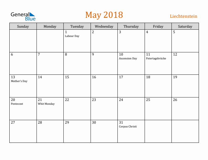 May 2018 Holiday Calendar with Sunday Start