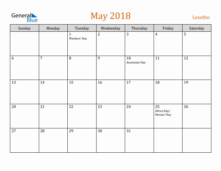 May 2018 Holiday Calendar with Sunday Start