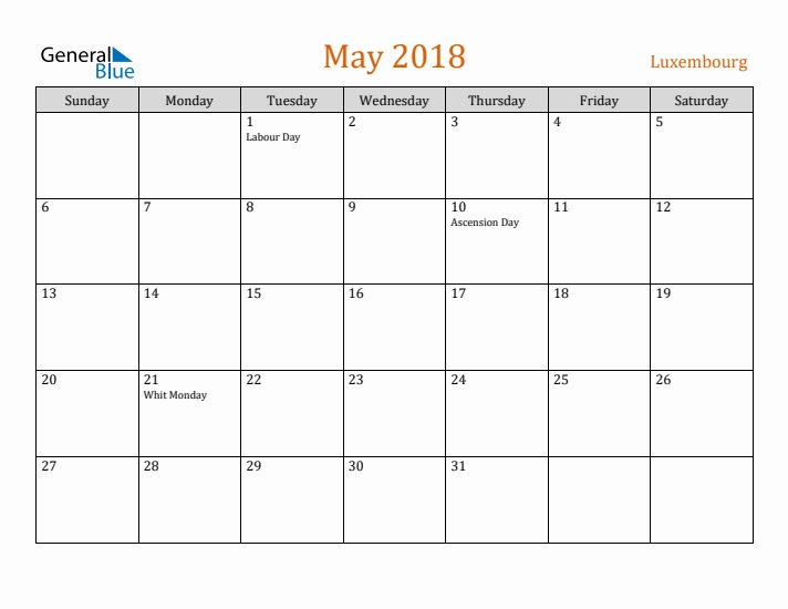 May 2018 Holiday Calendar with Sunday Start