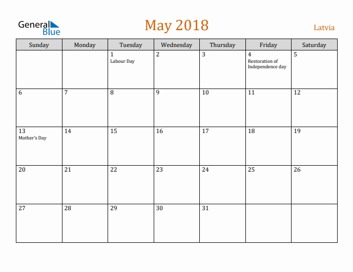 May 2018 Holiday Calendar with Sunday Start