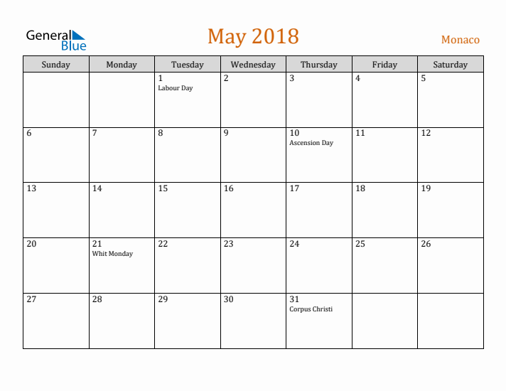 May 2018 Holiday Calendar with Sunday Start