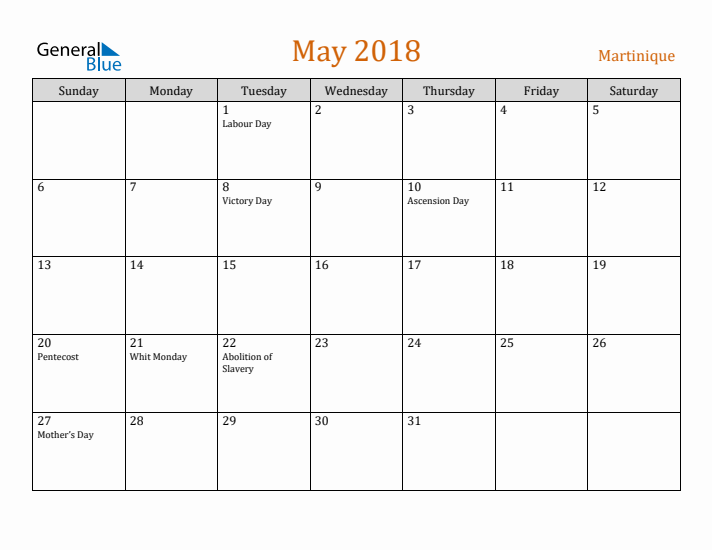 May 2018 Holiday Calendar with Sunday Start