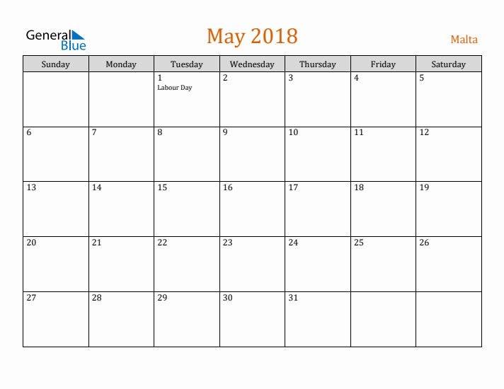 May 2018 Holiday Calendar with Sunday Start