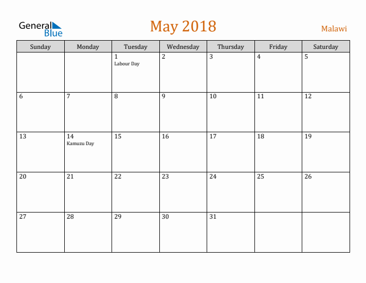 May 2018 Holiday Calendar with Sunday Start