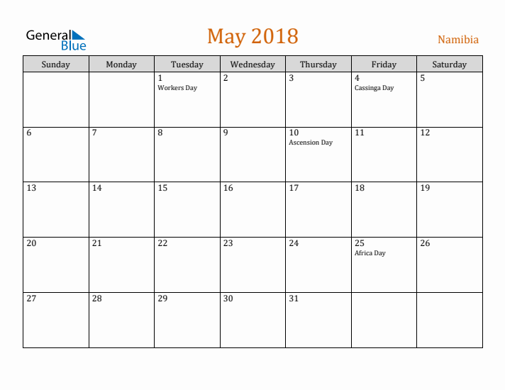 May 2018 Holiday Calendar with Sunday Start