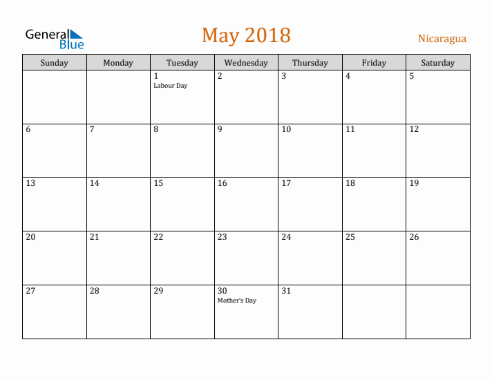 May 2018 Holiday Calendar with Sunday Start