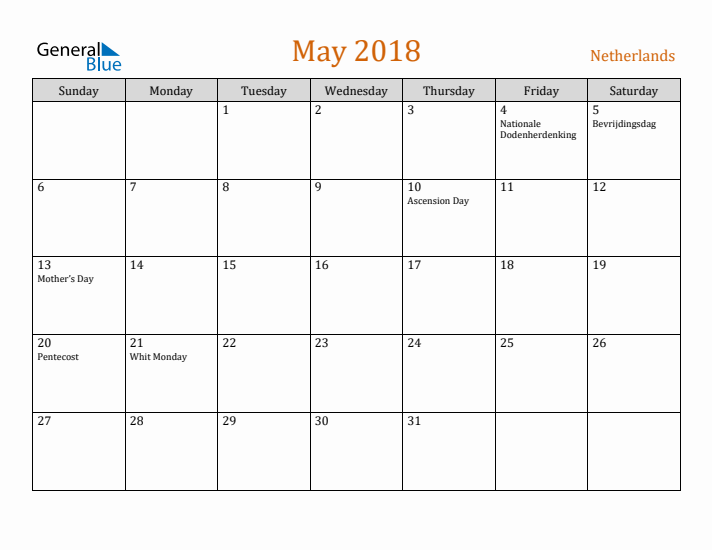 May 2018 Holiday Calendar with Sunday Start