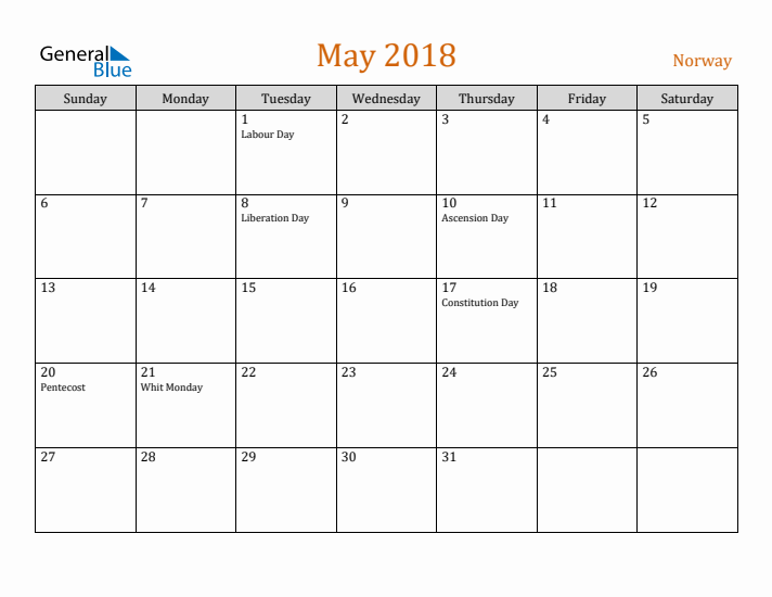 May 2018 Holiday Calendar with Sunday Start