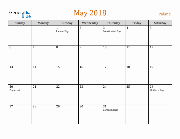 May 2018 Holiday Calendar with Sunday Start