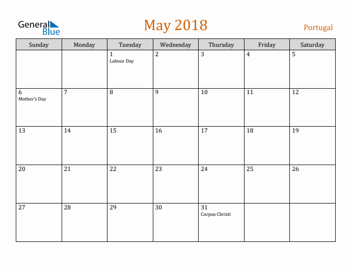 May 2018 Holiday Calendar with Sunday Start