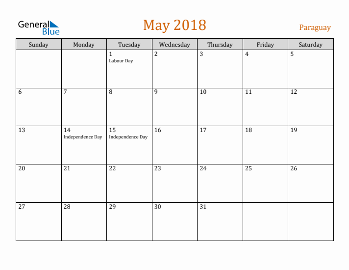 May 2018 Holiday Calendar with Sunday Start